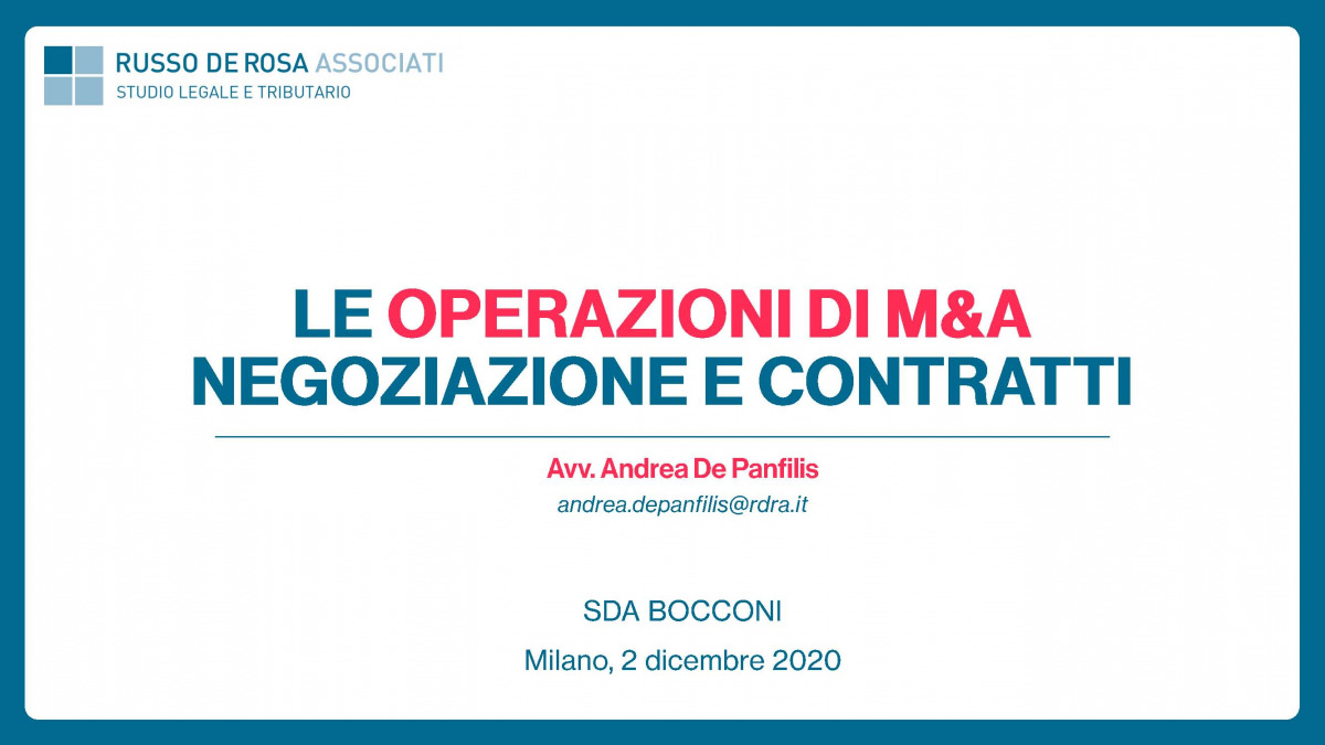 Andrea De Panfilis speaker at the "Corporate Finance" Master organized by SDA Bocconi, outlining the main aspects of negotiations and contracts in M&A and private equity operations
